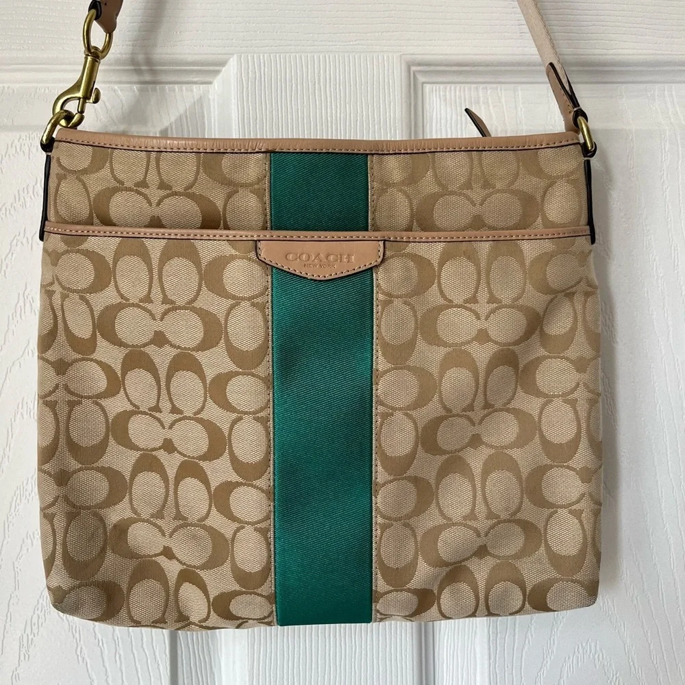 Coach Knit Messenger Crossbody Green Signature Canvas F28502